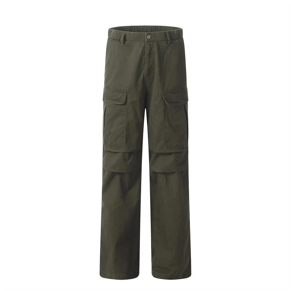 Men's solid colour cotton casual trousers in khaki, full-length view on display