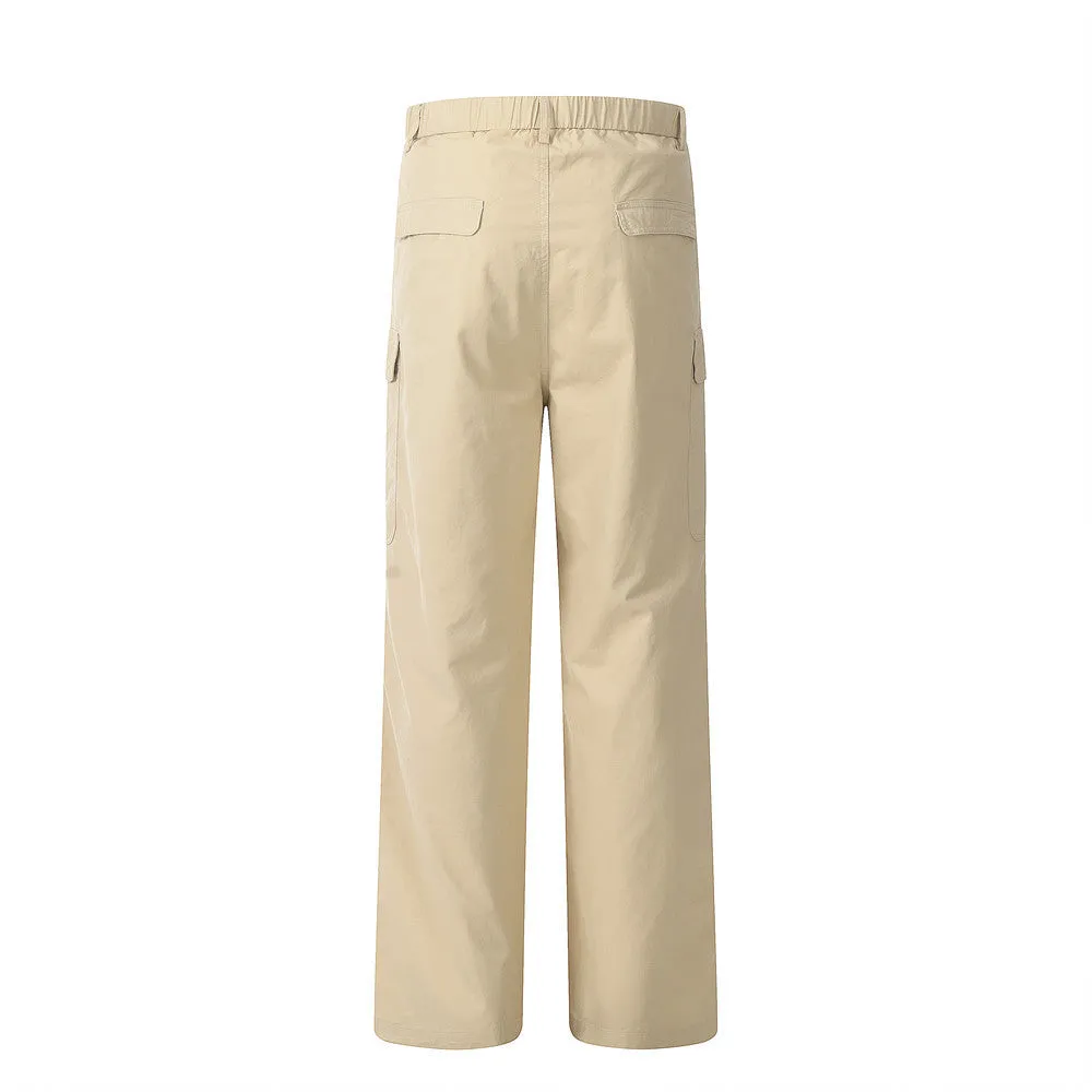 Men's solid colour cotton casual trousers in khaki, full-length view on display