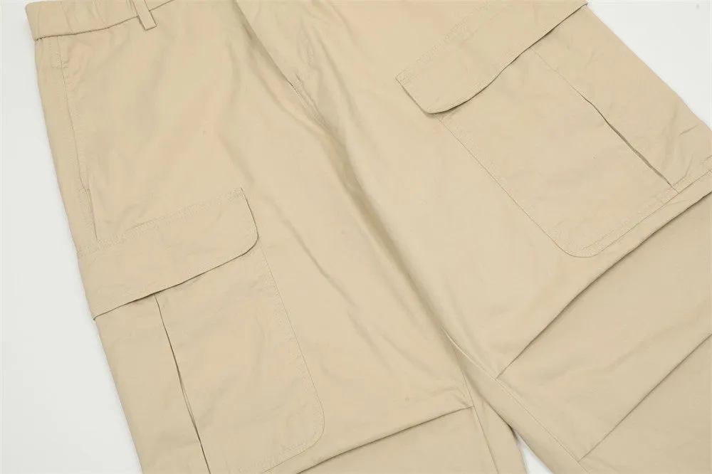 Men's solid colour cotton casual trousers in khaki, full-length view on display