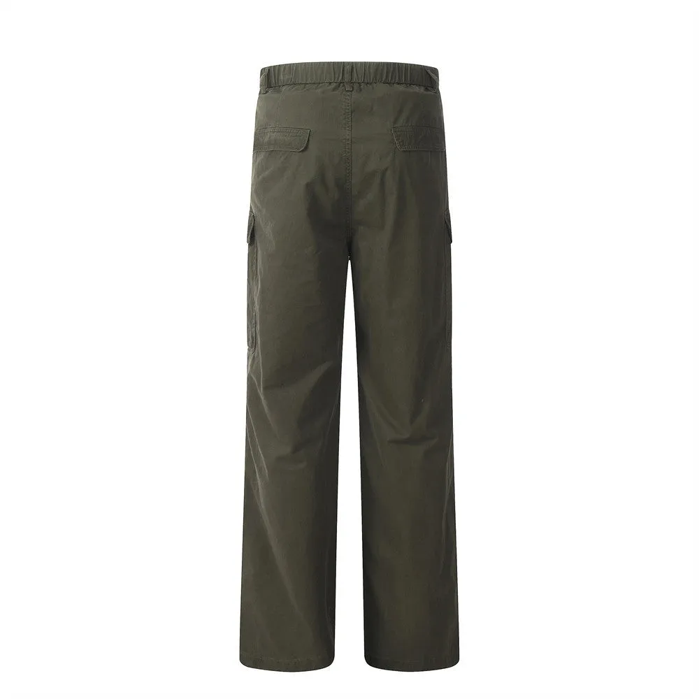 Men's solid colour cotton casual trousers in khaki, full-length view on display