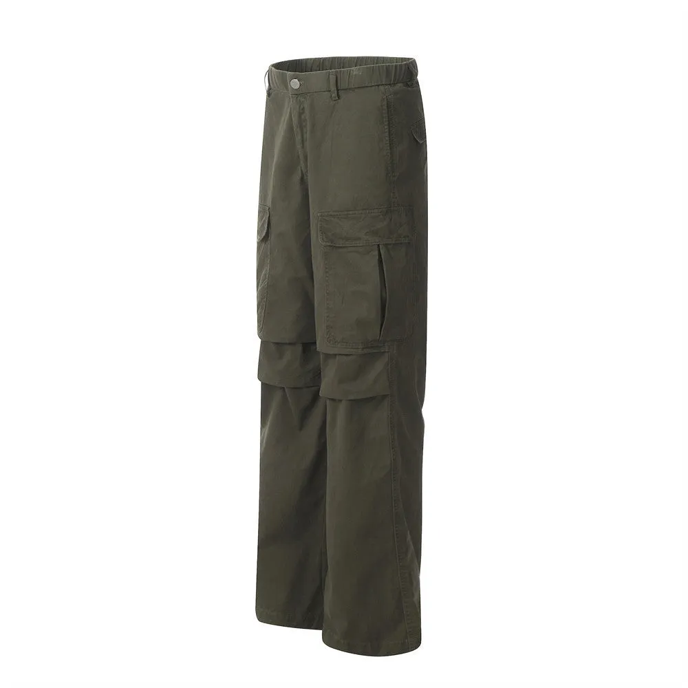 Men's solid colour cotton casual trousers in khaki, full-length view on display