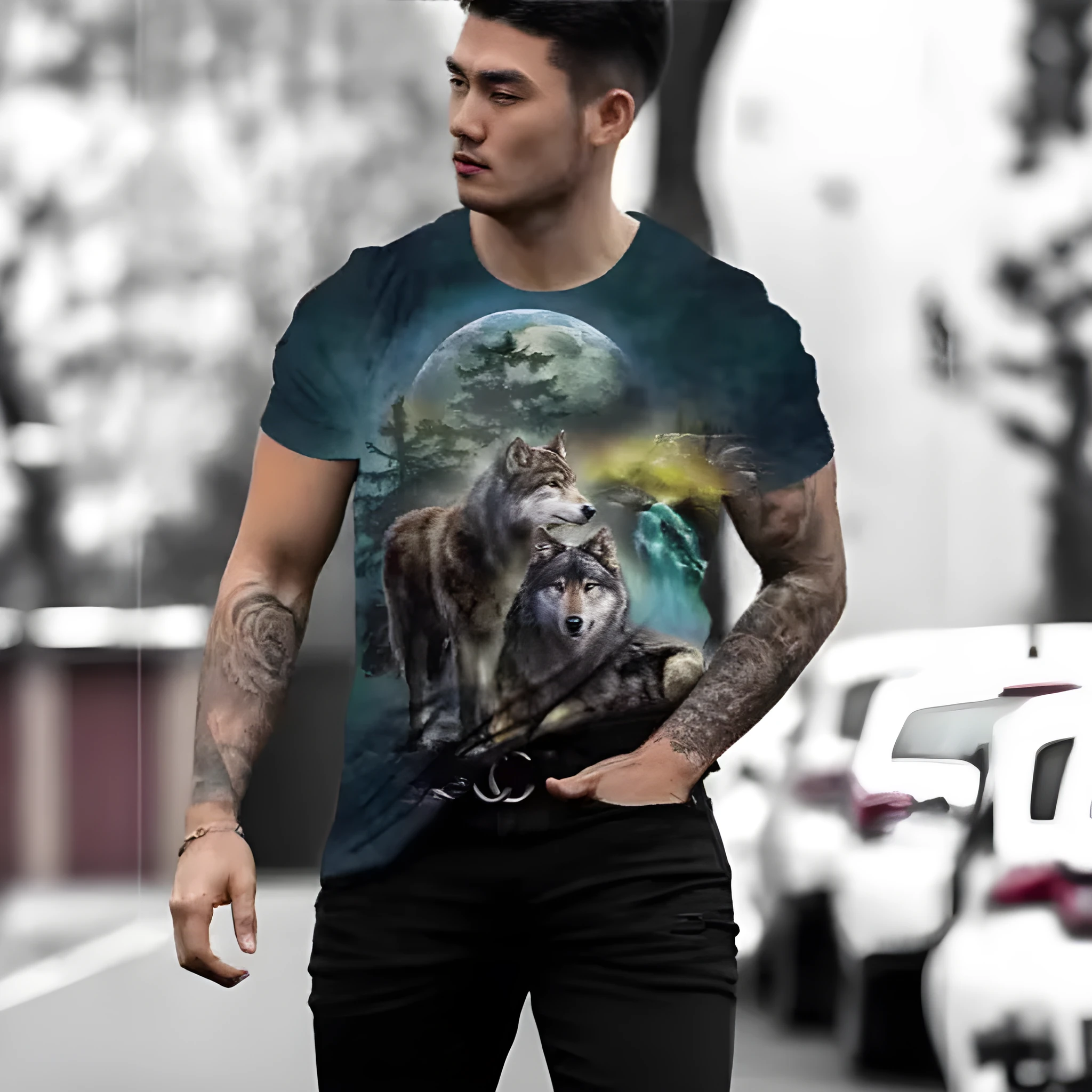 Close-up of a man's grey T-shirt featuring a detailed retro-style 3D tiger print on the chest.