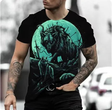 Close-up of a man's grey T-shirt featuring a detailed retro-style 3D tiger print on the chest.