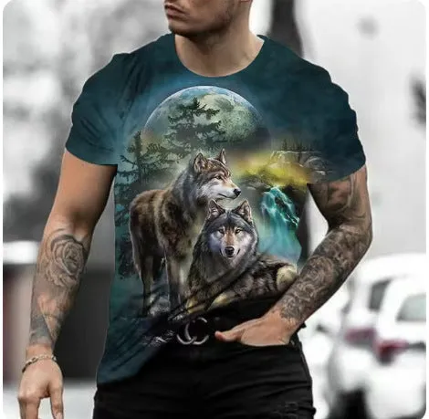 Close-up of a man's grey T-shirt featuring a detailed retro-style 3D tiger print on the chest.