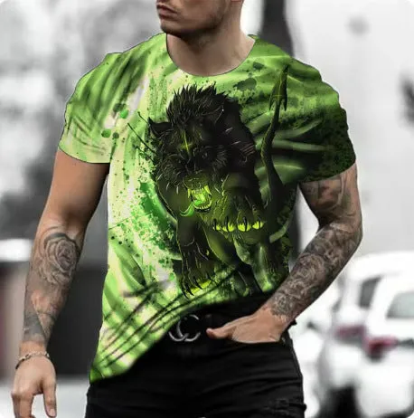 Close-up of a man's grey T-shirt featuring a detailed retro-style 3D tiger print on the chest.