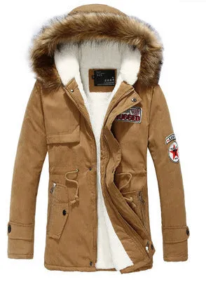 Men's army green winter padded parka with long fur collar and hood, fleece lined, front view