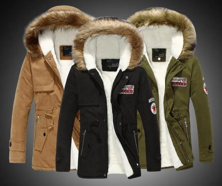 Men's army green winter padded parka with long fur collar and hood, fleece lined, front view