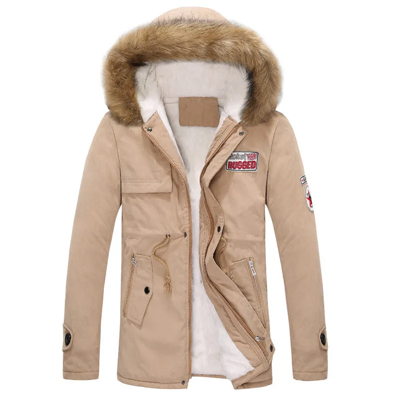 Men's army green winter padded parka with long fur collar and hood, fleece lined, front view
