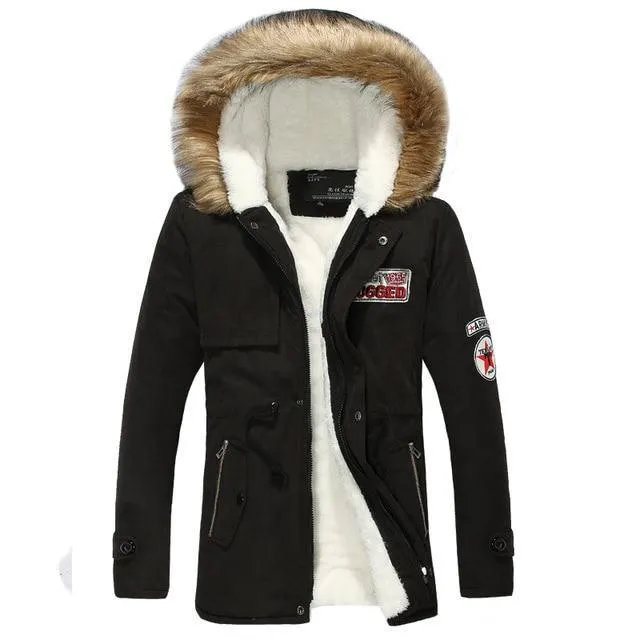 Men's army green winter padded parka with long fur collar and hood, fleece lined, front view