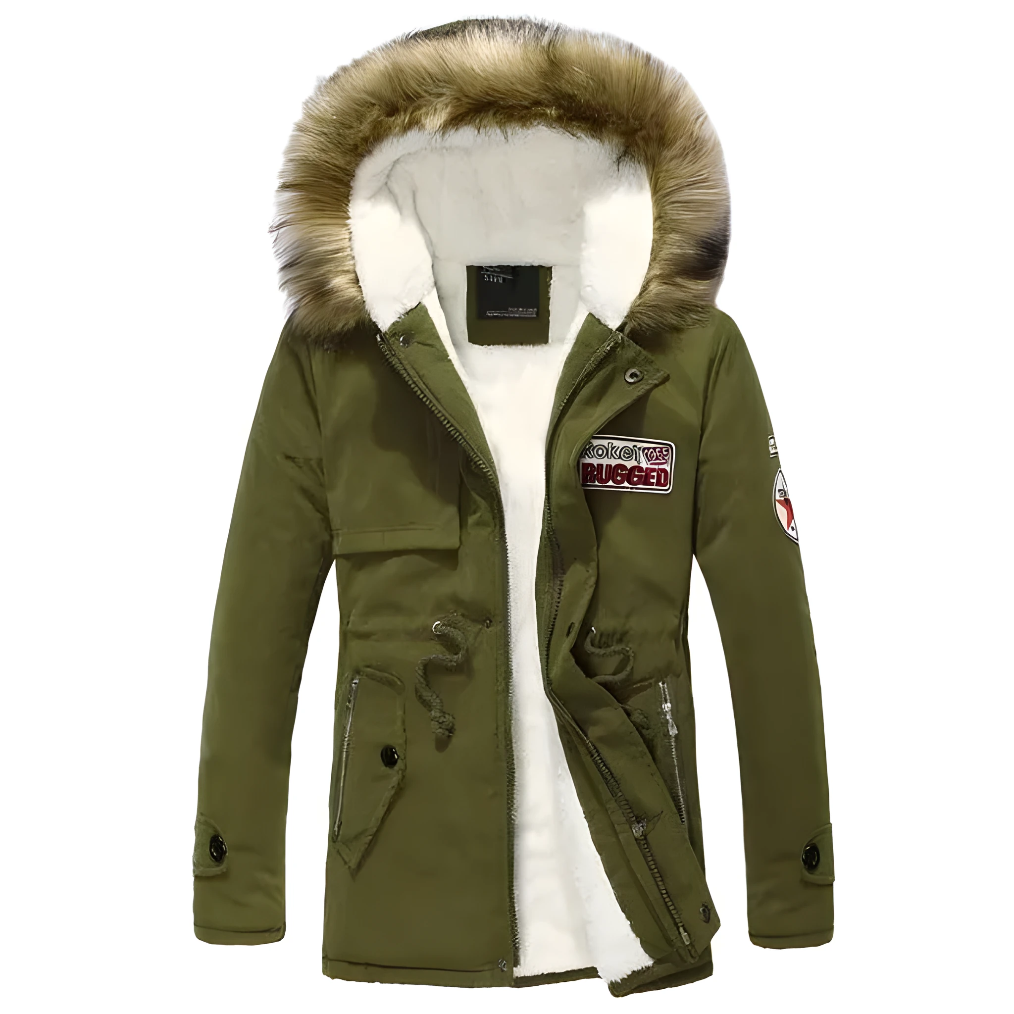 Men's army green winter padded parka with long fur collar and hood, fleece lined, front view
