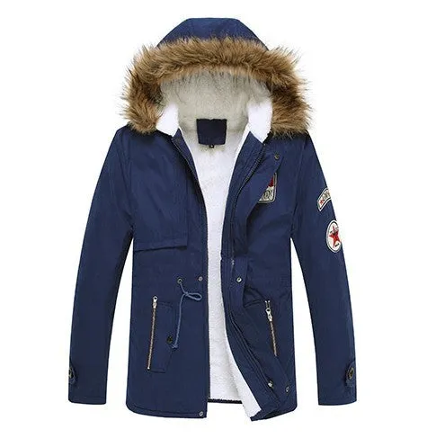 Men's army green winter padded parka with long fur collar and hood, fleece lined, front view