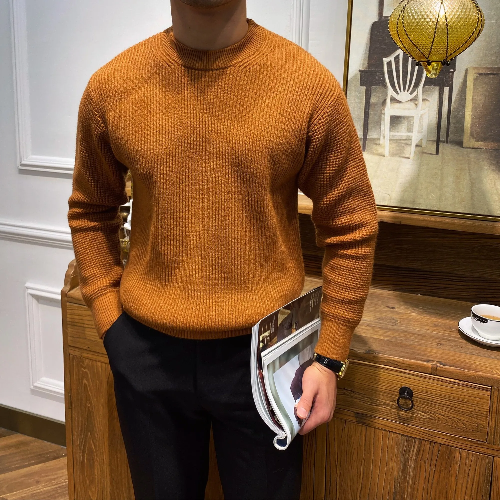 Men's warm knit sweater pullover in apricot, round neck, ribbed hem, acrylic blend, available in sizes M to 3XL