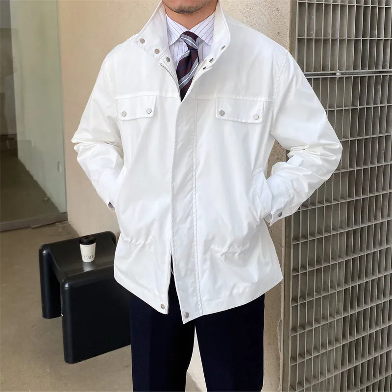 Men's stand collar fine plaid jacket in white with zipper front, slightly wide fit, polyester fabric