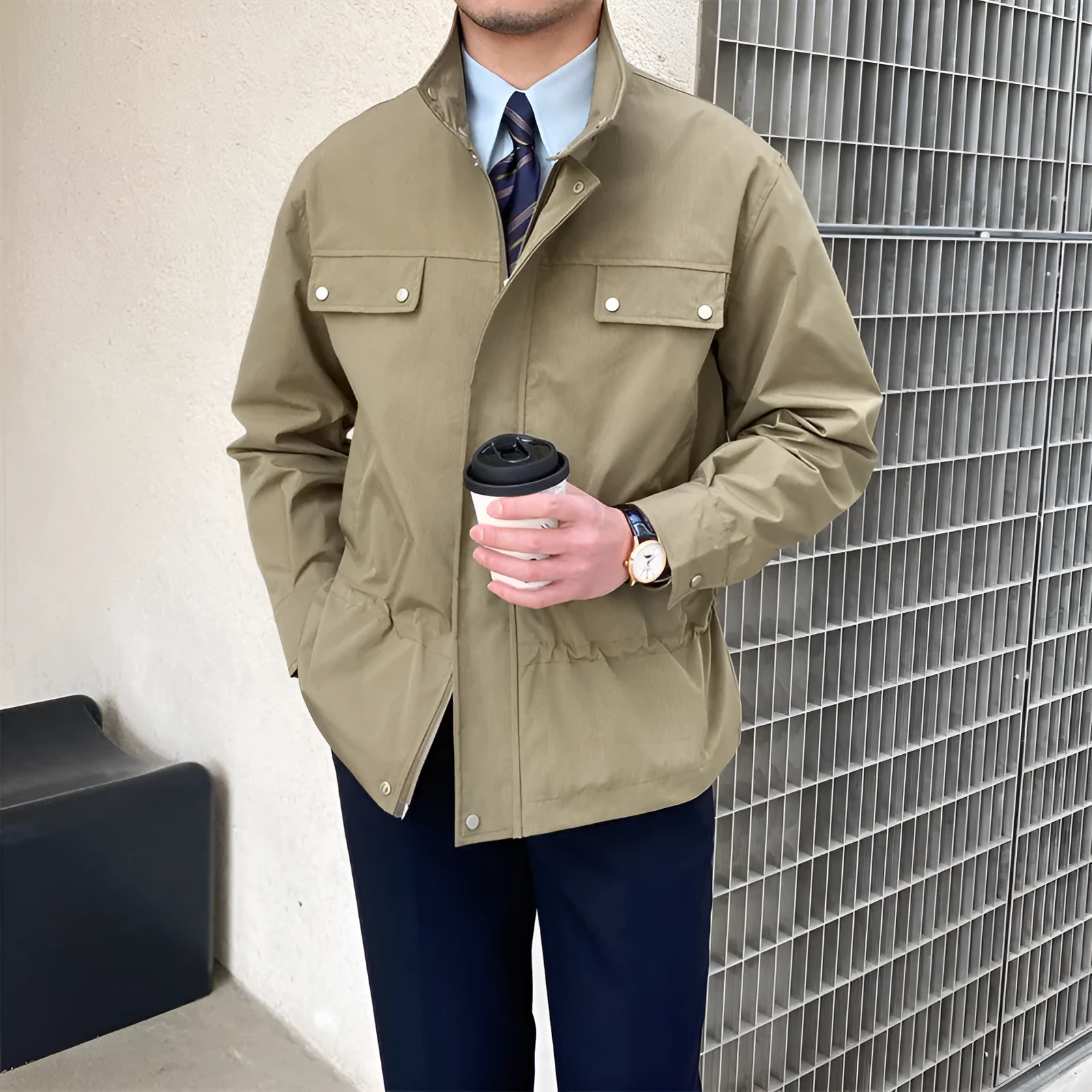 Men's stand collar fine plaid jacket in white with zipper front, slightly wide fit, polyester fabric