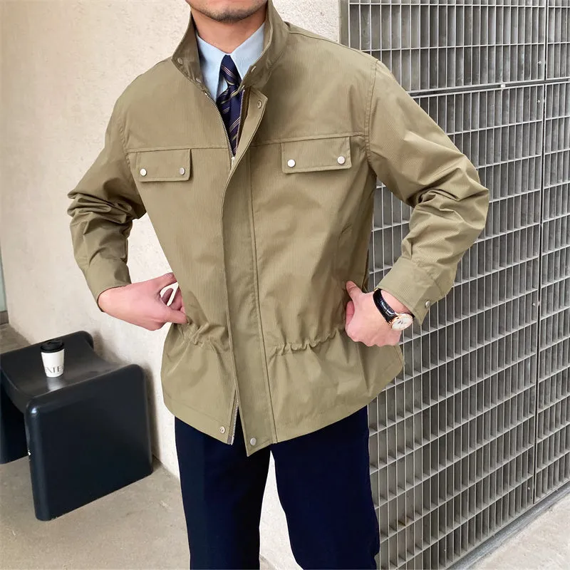 Men's stand collar fine plaid jacket in white with zipper front, slightly wide fit, polyester fabric