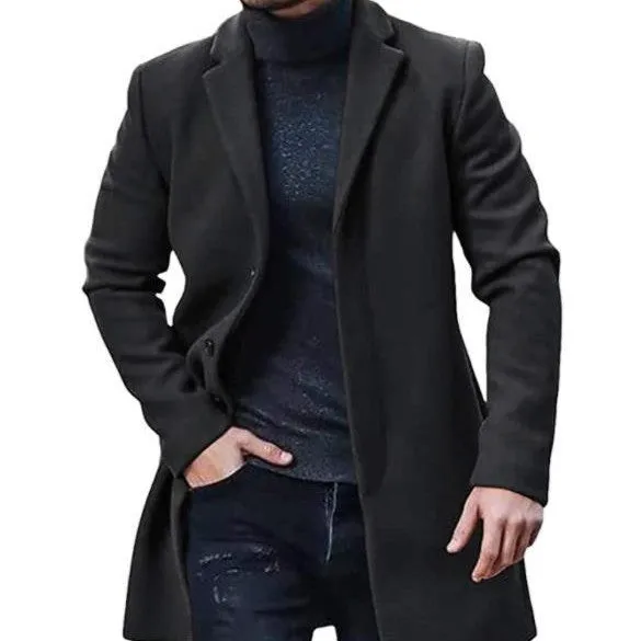 Men's medium-length thickened polyester tweed coat in camel colour for commuting