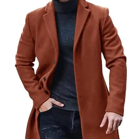 Men's medium-length thickened polyester tweed coat in camel colour for commuting
