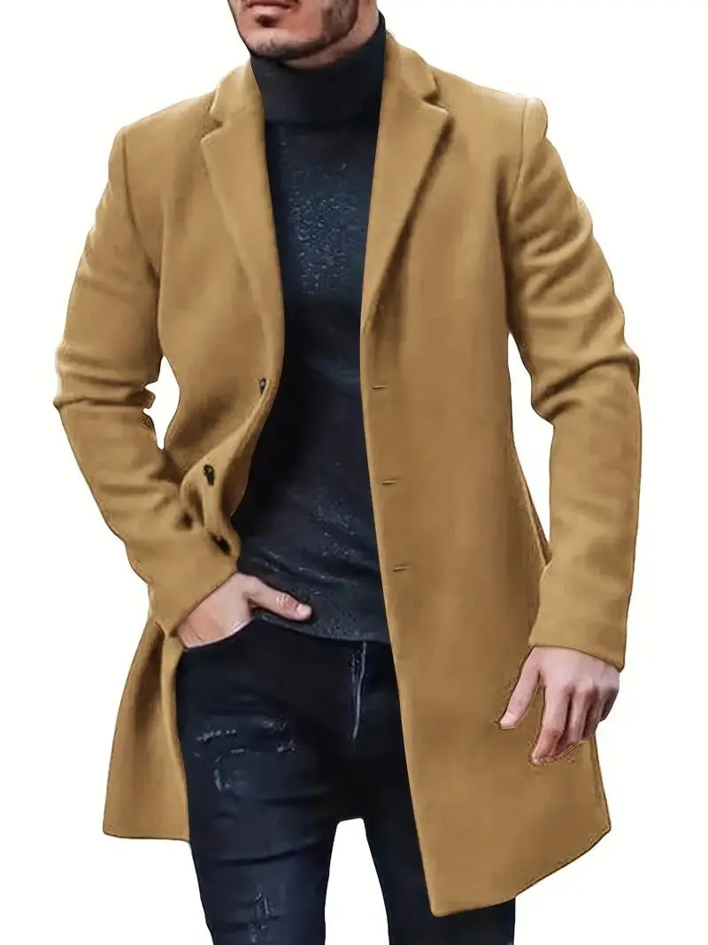 Men's medium-length thickened polyester tweed coat in camel colour for commuting