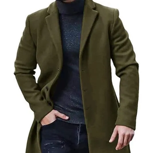 Men's medium-length thickened polyester tweed coat in camel colour for commuting