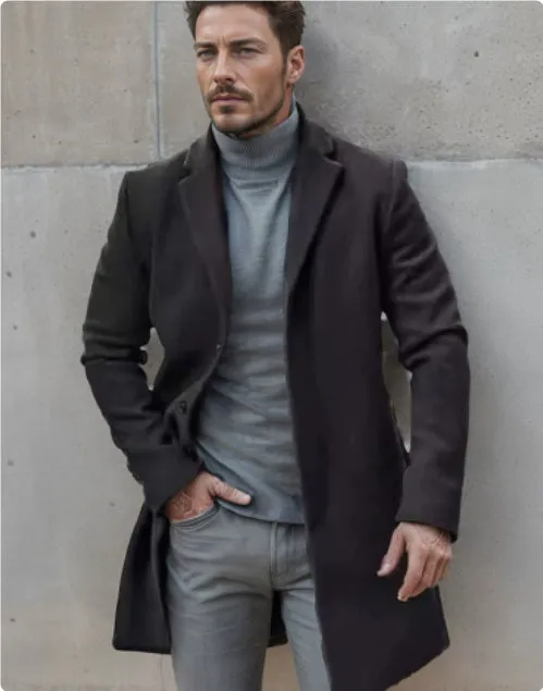 Men's medium-length thickened polyester tweed coat in camel colour for commuting