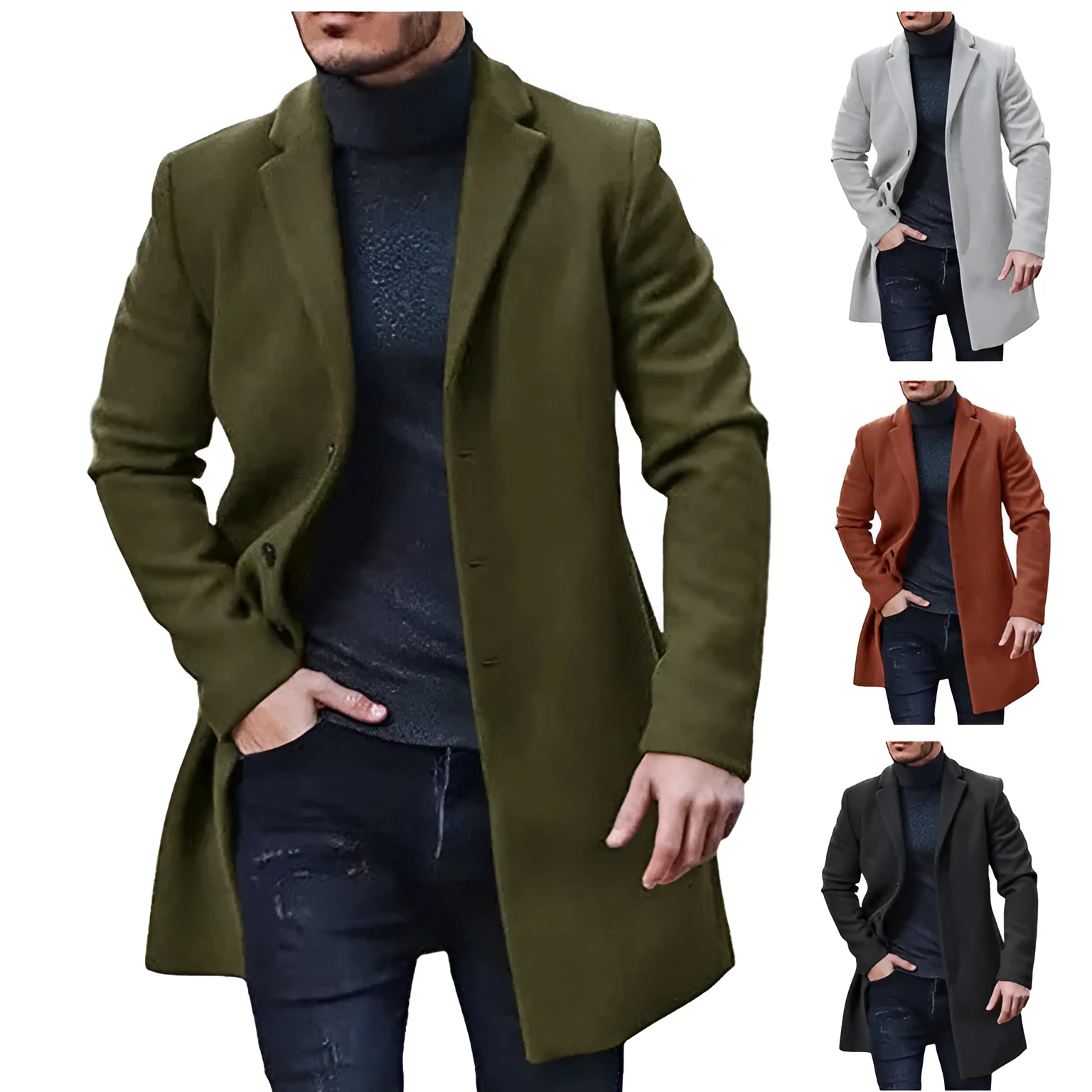 Men's medium-length thickened polyester tweed coat in camel colour for commuting