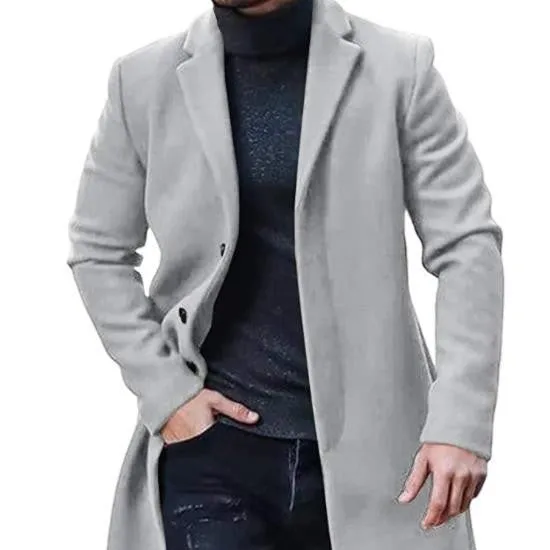 Men's medium-length thickened polyester tweed coat in camel colour for commuting