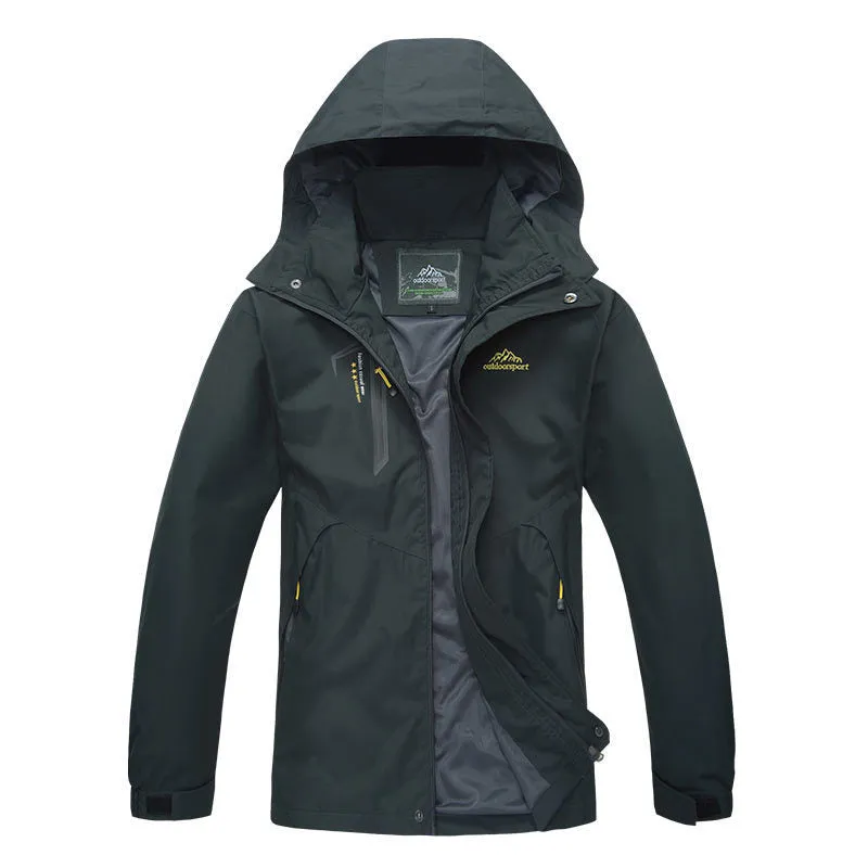 Unisex outdoor thin waterproof hooded polyester jacket in male army green colour