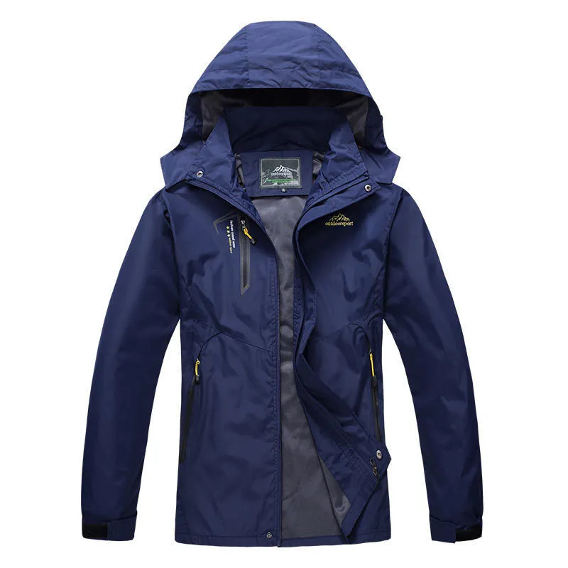 Unisex outdoor thin waterproof hooded polyester jacket in male army green colour