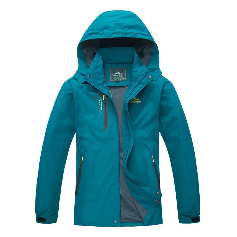Unisex outdoor thin waterproof hooded polyester jacket in male army green colour