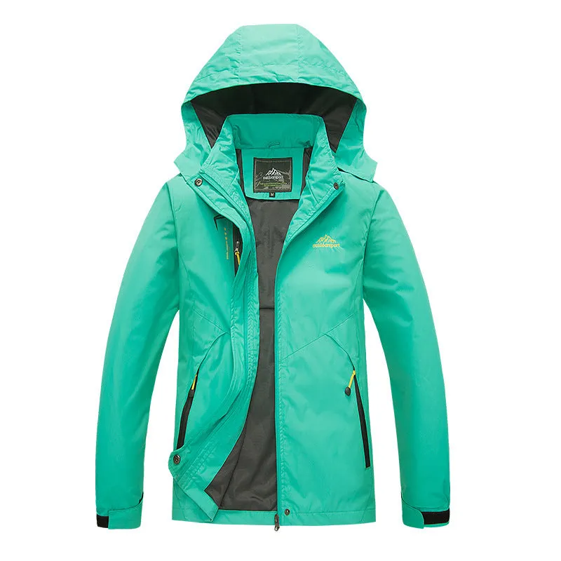 Unisex outdoor thin waterproof hooded polyester jacket in male army green colour