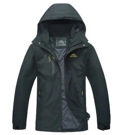 Unisex outdoor thin waterproof hooded polyester jacket in male army green colour