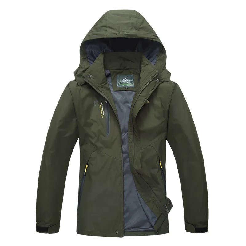 Unisex outdoor thin waterproof hooded polyester jacket in male army green colour
