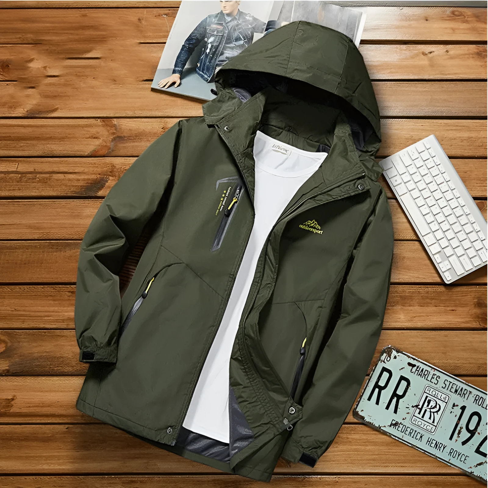 Unisex outdoor thin waterproof hooded polyester jacket in male army green colour