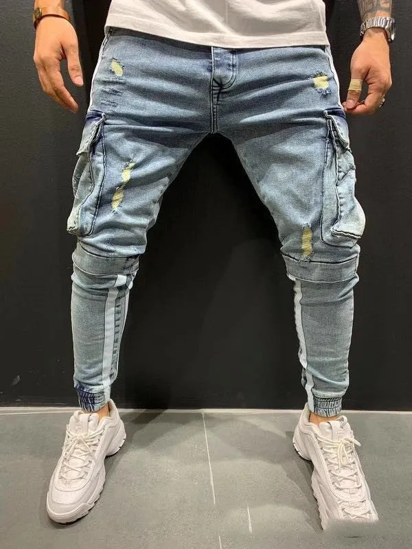 Men's denim knee-cut zipper trousers in black, 80% cotton, side view showing zipper placket and knee cut detail