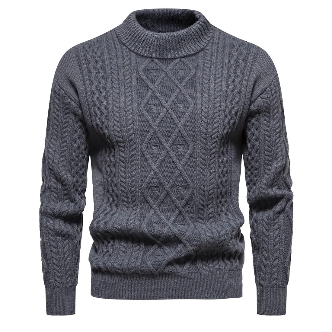 Men's solid colour round neck thick polyester pullover bottoming shirt in dark gray, laid flat on a neutral background