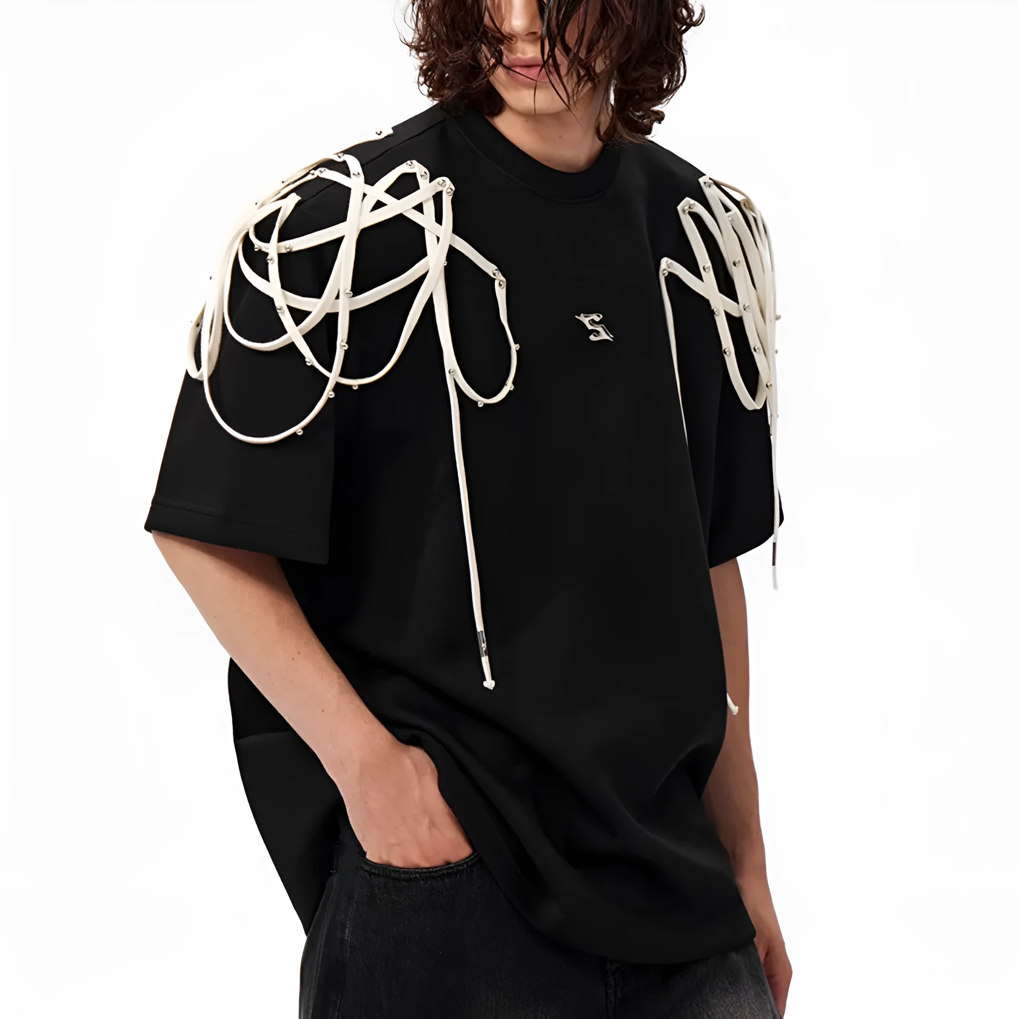 Black loose fit short-sleeved T-shirt with padded shoulders and rivet ribbon trim.