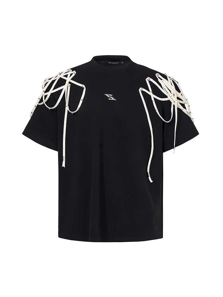 Black loose fit short-sleeved T-shirt with padded shoulders and rivet ribbon trim.