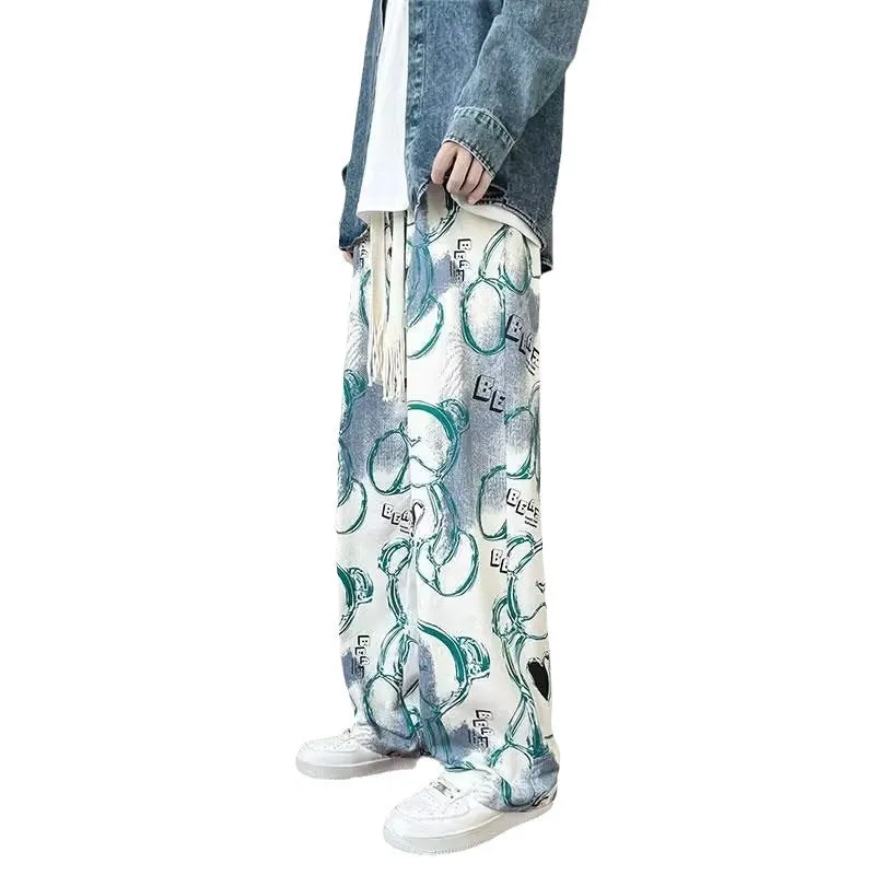 Men's casual polyester fibre trousers with cartoon print in black, size M to XXXL