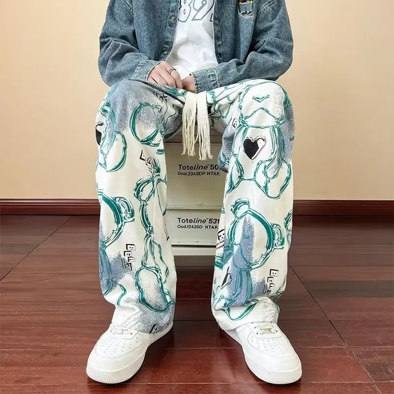 Men's casual polyester fibre trousers with cartoon print in black, size M to XXXL