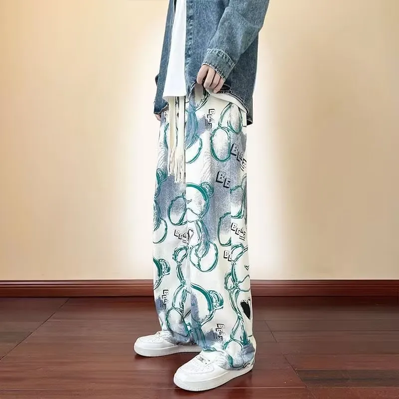 Men's casual polyester fibre trousers with cartoon print in black, size M to XXXL