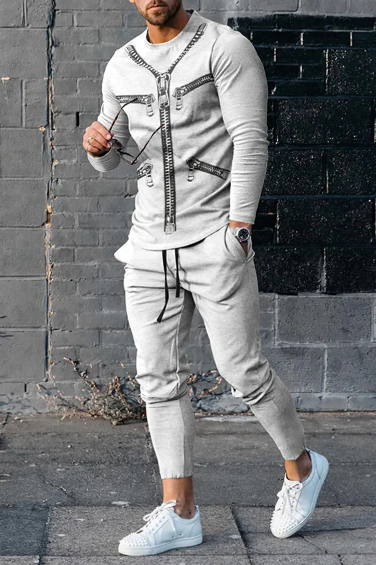 Men's round neck striped sweatshirt suit set with long sleeves and trousers in polyester