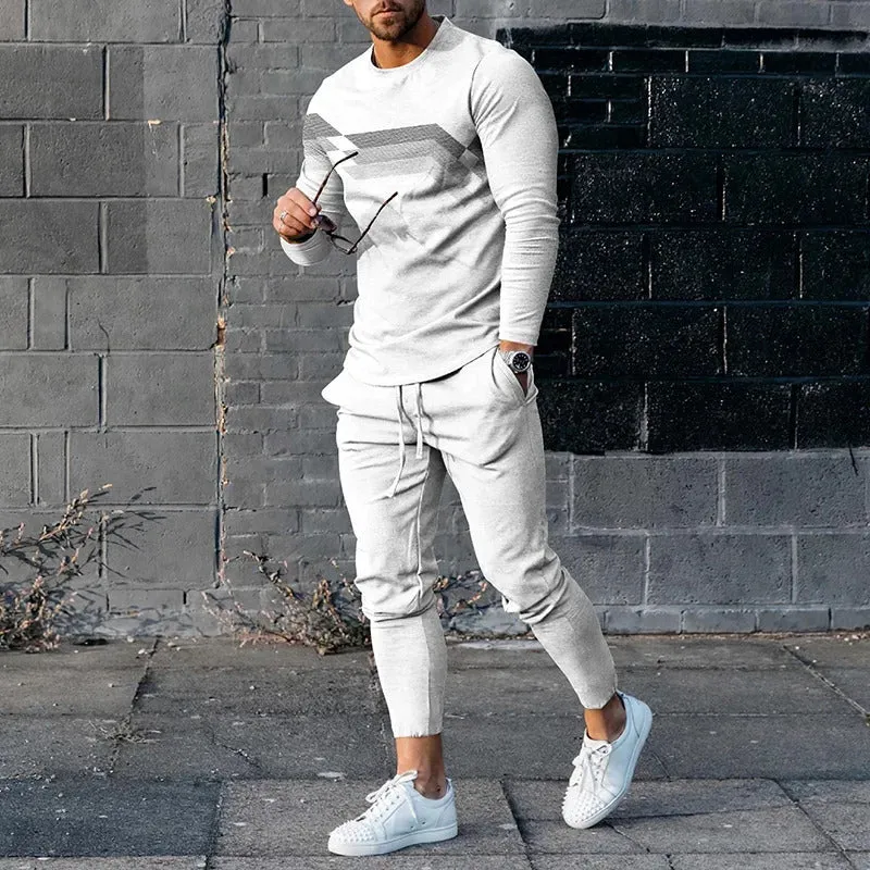 Men's round neck striped sweatshirt suit set with long sleeves and trousers in polyester
