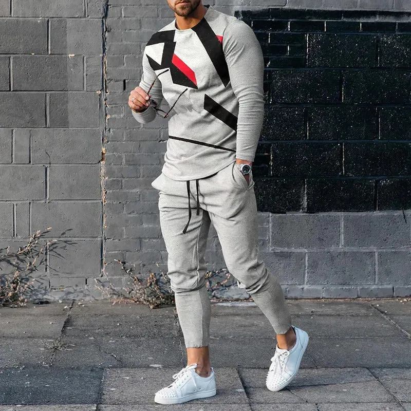 Men's round neck striped sweatshirt suit set with long sleeves and trousers in polyester