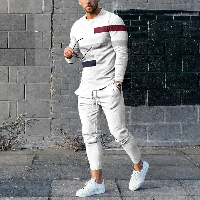 Men's round neck striped sweatshirt suit set with long sleeves and trousers in polyester