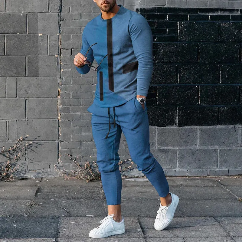 Men's round neck striped sweatshirt suit set with long sleeves and trousers in polyester
