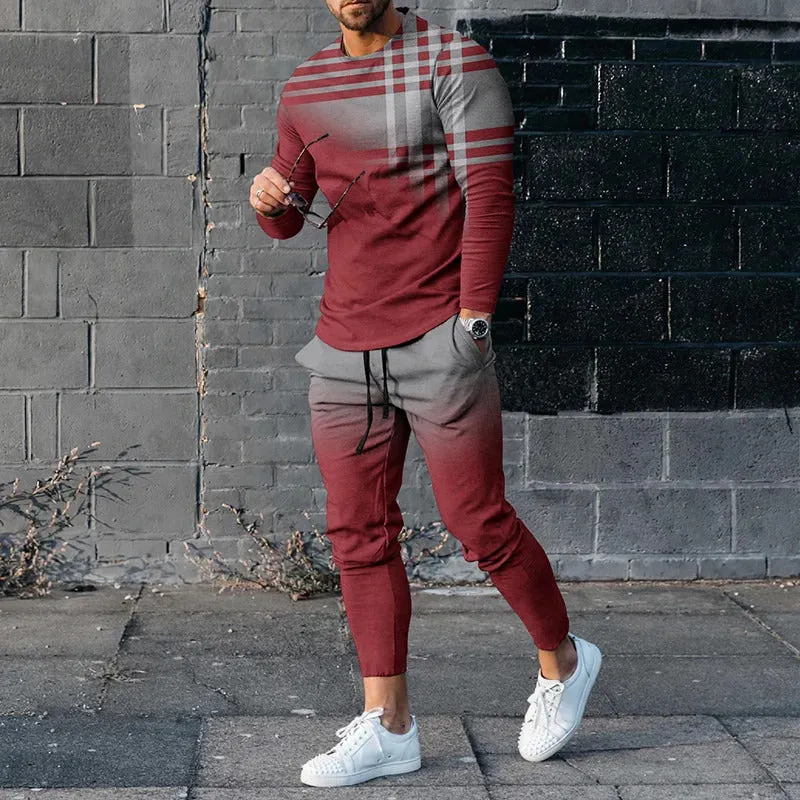 Men's round neck striped sweatshirt suit set with long sleeves and trousers in polyester
