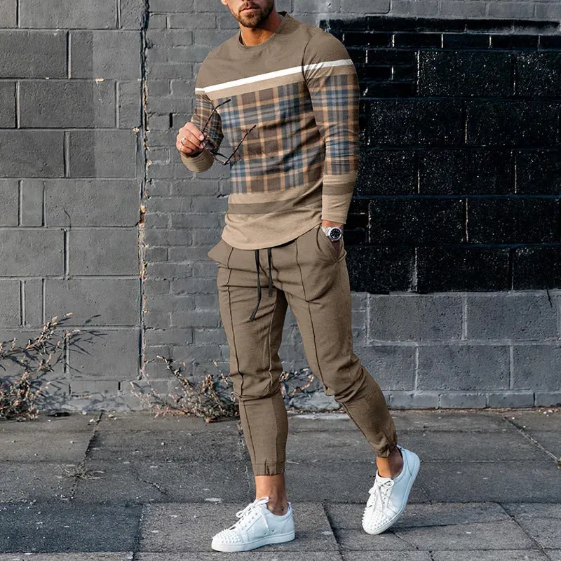 Men's round neck striped sweatshirt suit set with long sleeves and trousers in polyester