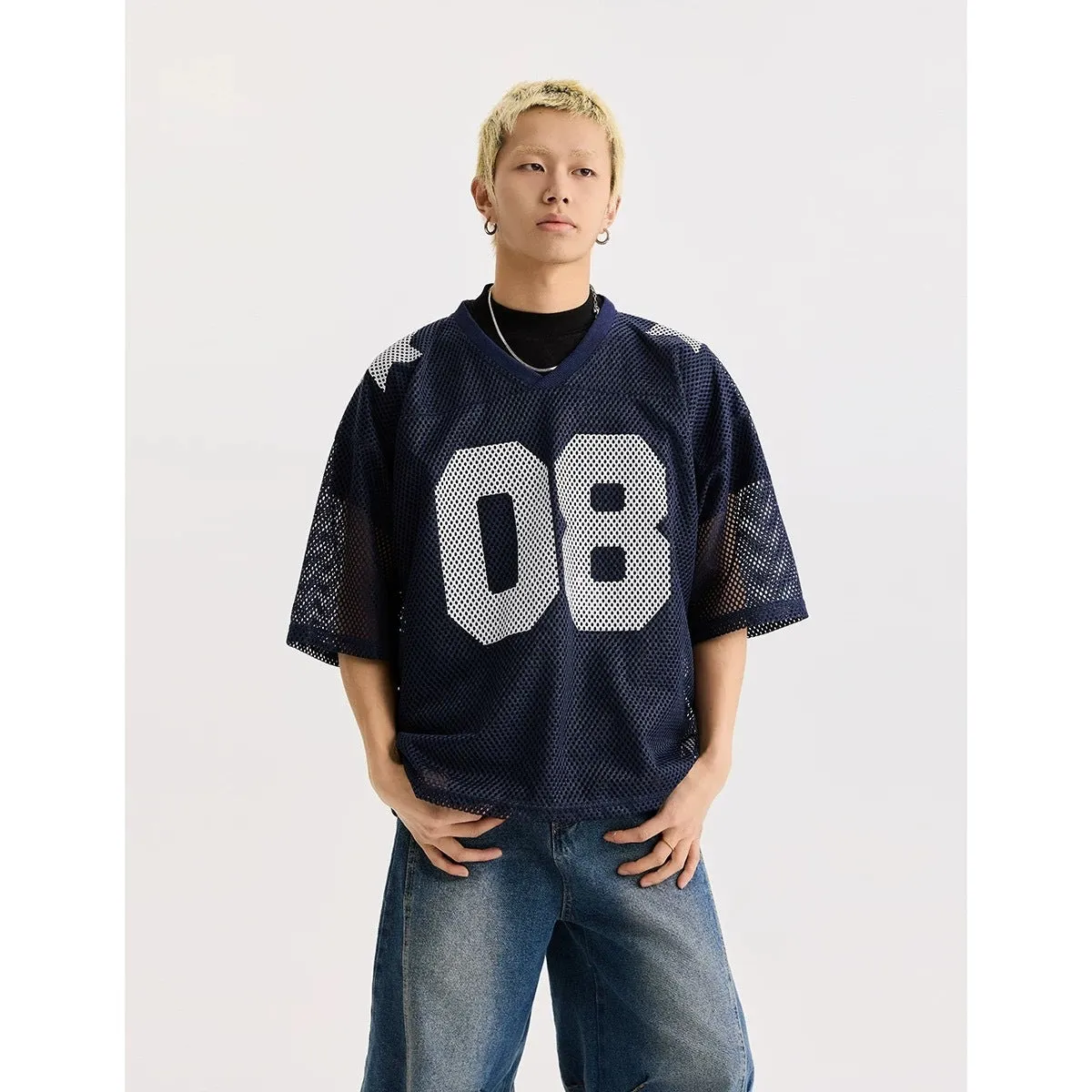 Black and navy blue half sleeve polyester shirt with loose fit pullover design