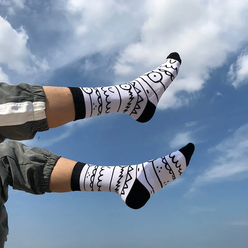 Cotton tube socks for men and women, high tube, cartoon pattern, one size, black white colour option