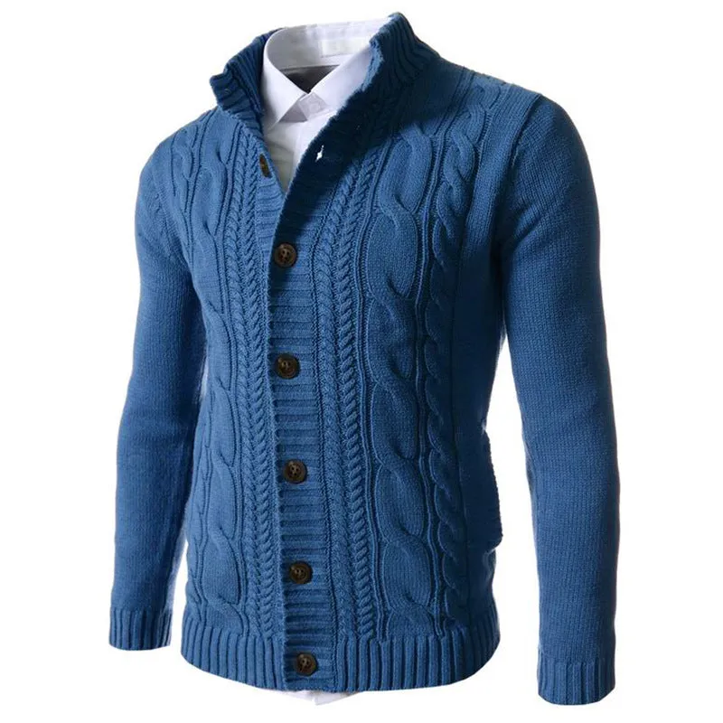 Men's stand collar acrylic knit button cardigan in black, long sleeves, ribbed hem, winter casual wear